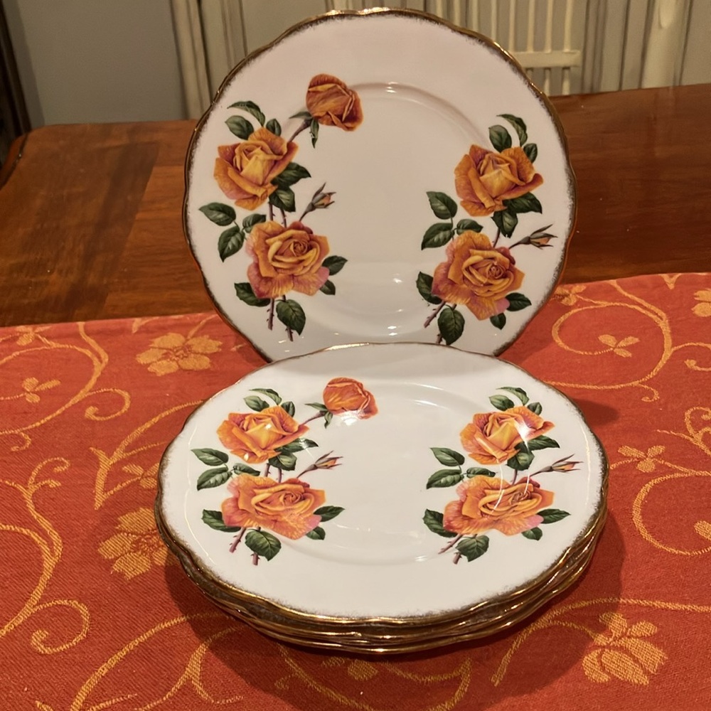 Queen Anne “Anniversary Rose” bone china dessert, side or salad plates, set of 5